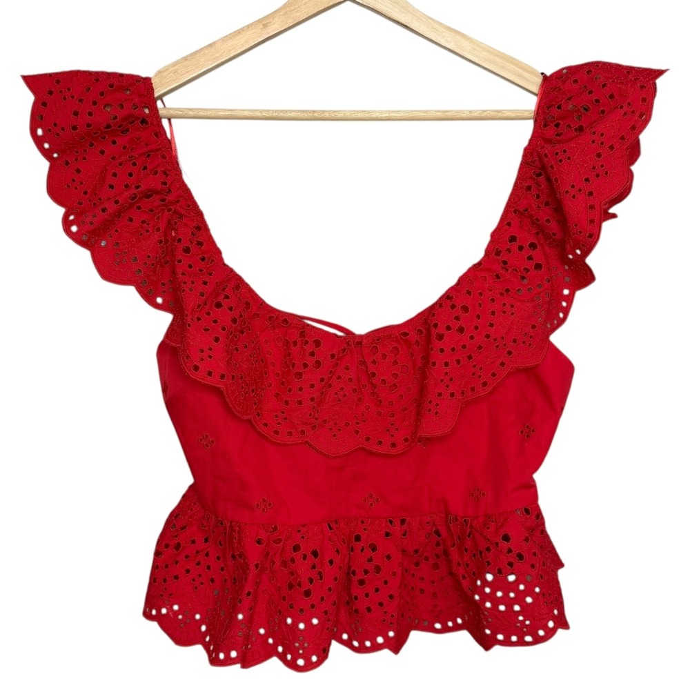 Zara Euro‎ Summer Eyelet Ruffle Crop Top Cherry Red Coastal Resort Feminine